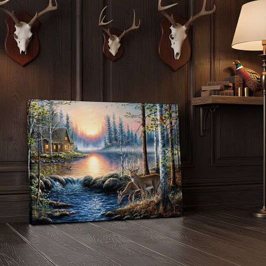 Joycorner Riverside Cabin Sunset Whitetail Deer Landscape Canvas