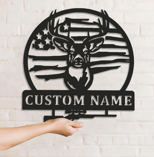 Maxcorners Personalized Deer Hunting Metal Sign WITH LED/WITHOUT LED, Rustic Buck Wall Art with American Flag, Cabin & Lodge Decor for Hunters MT0110
