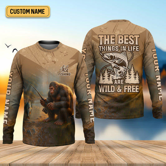 Joycorners The Best Things In Life Are Wild And Free Custom Name Bigfoot Fishing SPF Shirt For Men, Gift For Fisherman