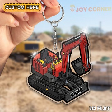Joycorners Mini Excavator 2D Keychain Red Compact Digger Personalized Name