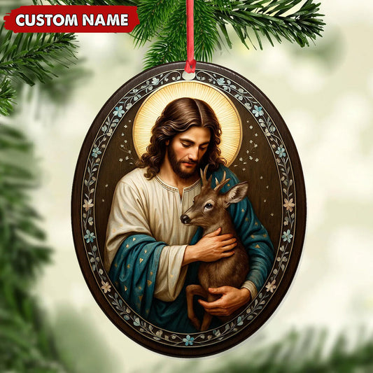 Joycorners Custom Jesus Holding Deer Christmas Ornament, Personalized Name Christian Tree Decoration, Religious Woodland Gift for Faith Family MT2411