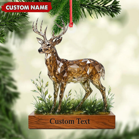 Joycorners Personalized Geometric Deer Christmas Ornament, Custom Name Buck Hunter Gift, Crystal Style Woodland Holiday Decor MT2411
