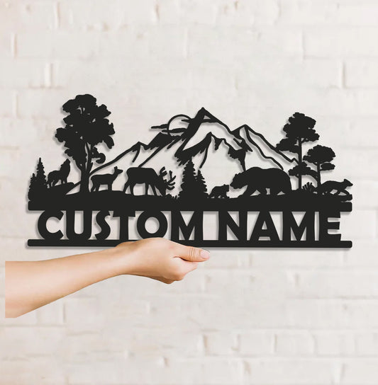 Maxcorners Personalized Wildlife Metal Sign WITH LED/WITHOUT LED - Rustic Cabin Name Sign with Deer & Bear, Mountain Lodge Outdoor Wall Art MT0110