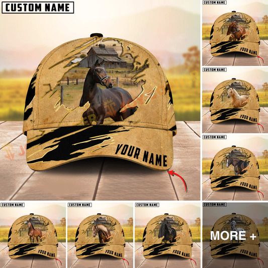 Joycorners Horse Golden Line With Yellow Leather Personalized Name 3D Cap (9 Breeds)
