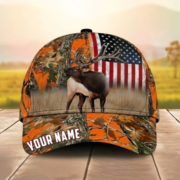 Joycorner USA Flag Elk Hunting Personalized Name 3D Cap