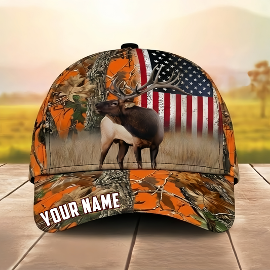 Joycorner USA Flag Elk Hunting Personalized Name 3D Cap