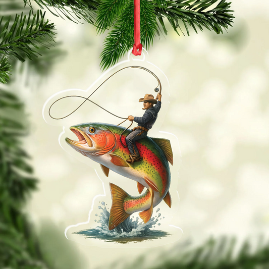 Joycorners Personalized Funny Fishing Acrylic Ornament – Cowboy Riding Fish Christmas Decoration for Fishermen MT1111