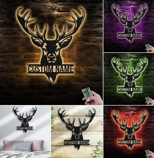Maxcorners Personalized Deer Head Metal Sign WITH LED/WITHOUT LED – Rustic Hunting Cabin Wall Decor, Gift for Hunters MT0110