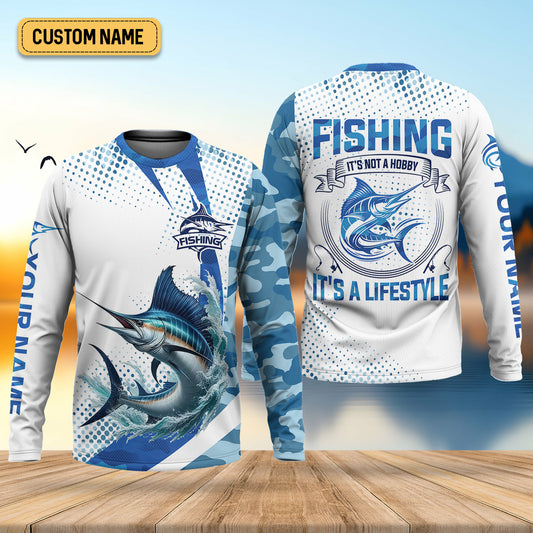 Joycorners Fishing It's Not A Hobby It's A Lifestyle Blue Camo Fishing UPF Shirts, Blue Marlin Fishing Shirts For Men