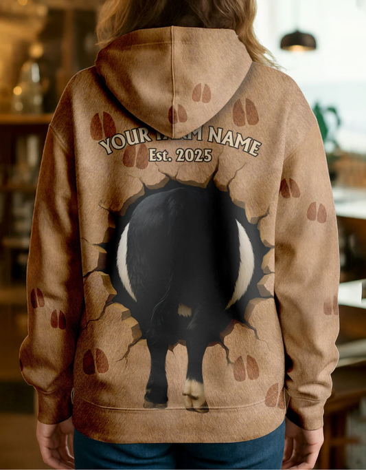 Joycorners Belted Galloway Cute Breakthrough Cow Personalized Name, Farm Name Unisex 3D Hoodie