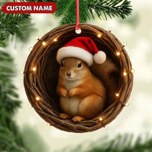 Joycorners Personalized Squirrel Christmas Ornament, Custom Name Woodland Nest Santa Hat Decoration, Cute Holiday Tree Hanging Gift for Animal Lovers MT2411