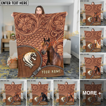 Joycorners Horse Rustic Tooled Leather Floral Pattern Zipper Art Personalized Name 3D Blanket  (8 Breeds)