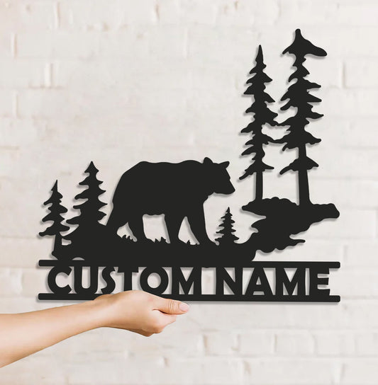 Maxcorners Personalized Bear Metal Sign WITH LED/WITHOUT LED - Rustic Cabin Name Sign, Wildlife Forest Wall Art for Lodge & Outdoor Decor MT0110