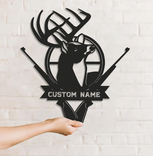 Maxcorners Personalized Deer Hunting Metal Sign WITH LED/WITHOUT LED - Rustic Buck Wall Art with Rifles, Hunter Lodge Decor & Outdoor Cabin Sign MT0110