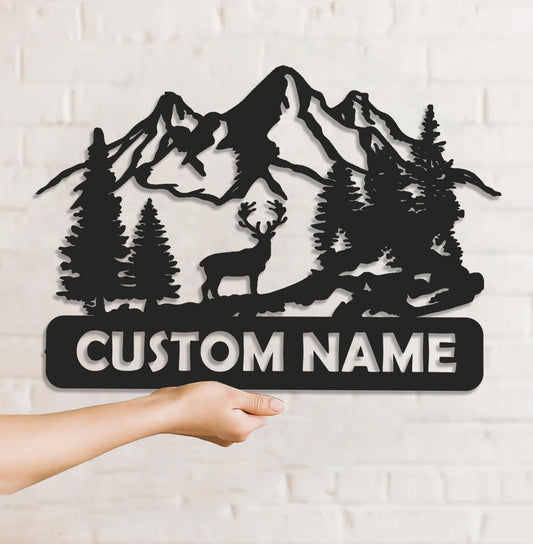Maxcorners Personalized Deer Metal Sign WITH LED/WITHOUT LED - Mountain Cabin Name Sign, Rustic Wildlife Wall Art for Lodge & Outdoor Decor MT0110