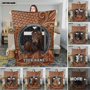Joycorners Horse Portrait with Horseshoe Frame Western Tooled Leather Pattern Personalized Name 3D Blanket (8 Breeds)
