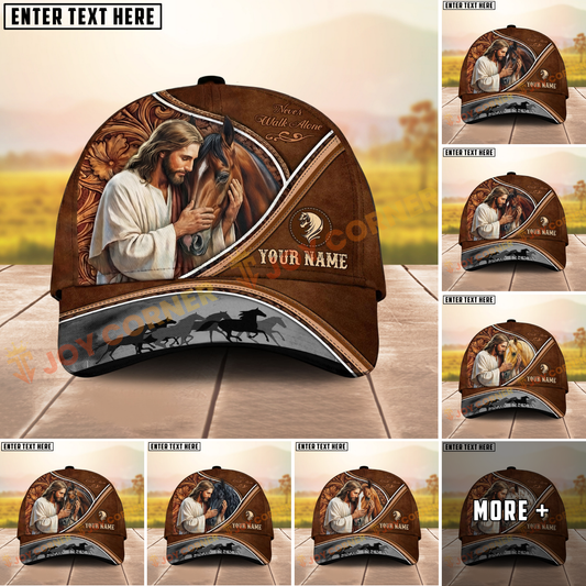 Joycorners Jesus & Horse “Never Walk Alone” Tooled Leather Western Art Personalized Name Cap (8 Breeds)