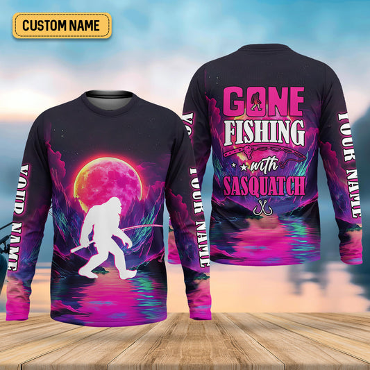 Joycorners Gone Fishing With Sasquatch Fishing UPF Shirts, Funny Fishing Shirt, Bigfoot Fishing Shirts For Men