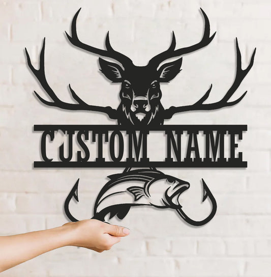 Maxcorners Personalized Deer & Fish Metal Sign WITH LED/WITHOUT LED Light Rustic Cabin Wall Decor Hunter Fisher Gift MT0110