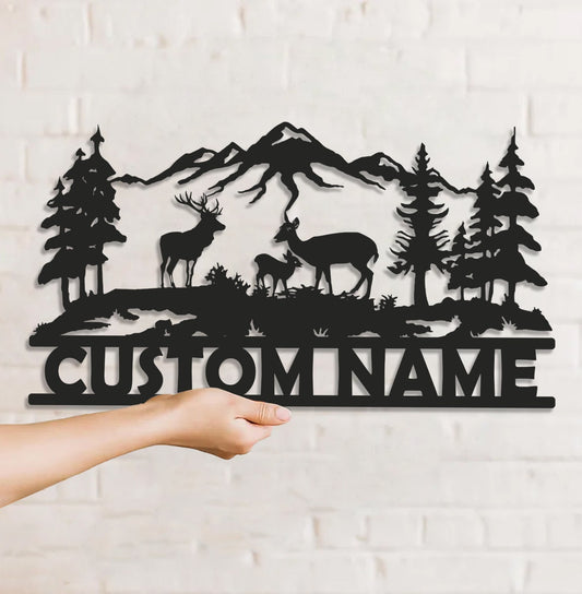 Maxcorners Personalized Deer Family Metal Sign WITH LED/WITHOUT LED - Rustic Cabin Name Sign, Mountain Wildlife Wall Art for Lodge & Outdoor Decor MT0110