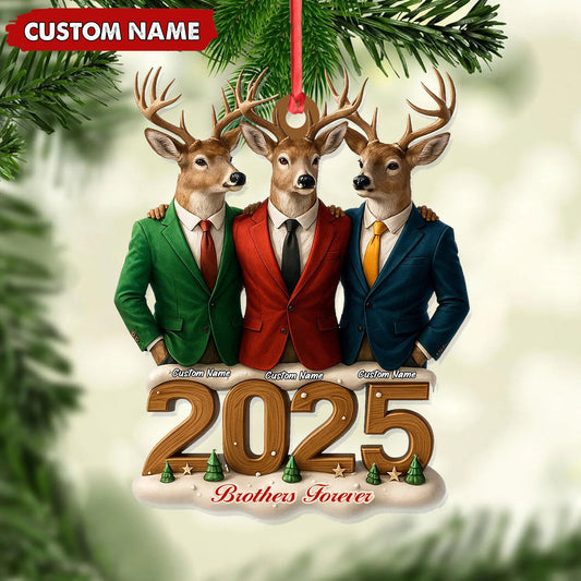 Joycorners Personalized Brothers Forever 2025 Christmas Ornament, Custom Name Deer Trio in Suits, Funny Family Brother Gift Decor MT2411