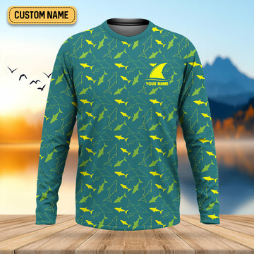 Joycorners Green And Yellow Shark Pattern Performance Fishing Shirts, SPF Shirt For Men, Fishing Gifts For Men