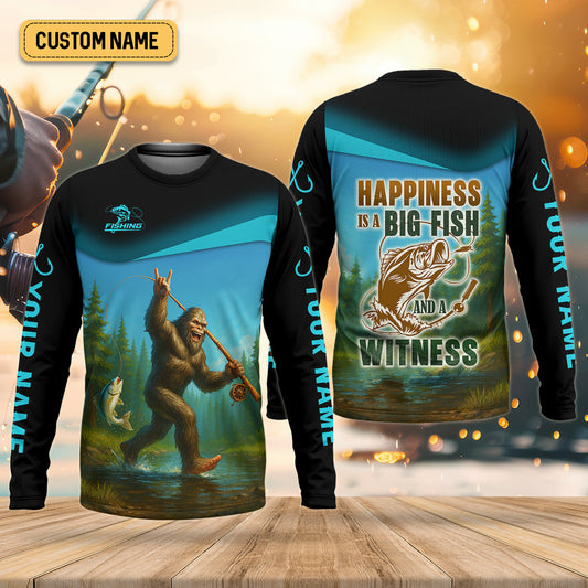 Joycorners Happiness Is A Big Fish And A Witness Bigfoot Fishing SPF Shirt, Funny Fishing Shirt, Men's Fishing Shirt