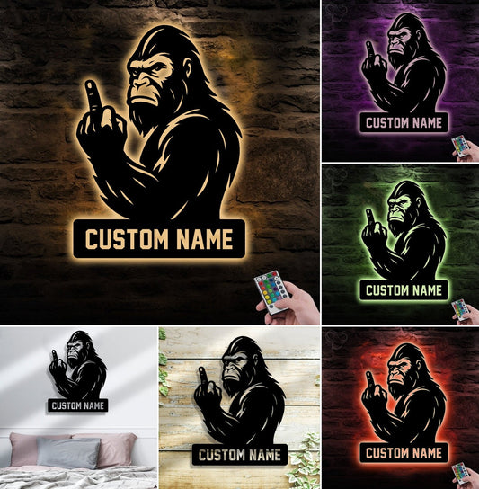 Maxcorners Personalized Bigfoot Metal Sign WITH LED/WITHOUT LED Light, Funny Sasquatch Middle Finger Wall Art, Hunter Gag Gift for Man Cave or Garage MT0110
