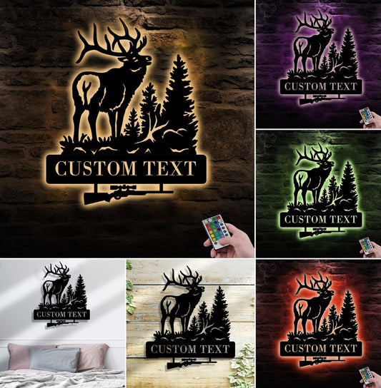 Maxcorners Personalized Elk Hunting Metal Sign WITH LED/WITHOUT LED Light Deer Forest Scene Custom Name Rifle Wall Art Hunter Gift MT0110