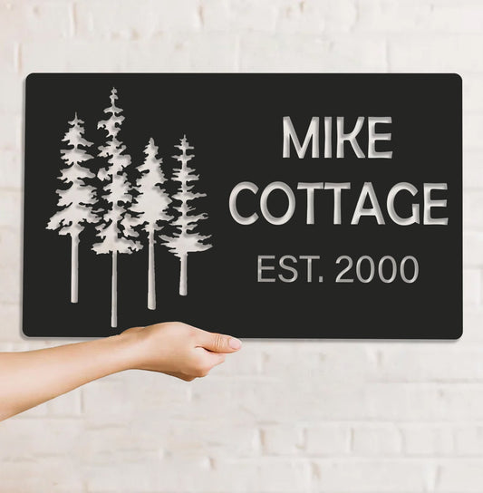 Maxcorners Personalized Forest Metal Sign WITH LED/WITHOUT LED - Rustic Cabin Name Sign with Pine Trees, Cottage Established Wall Art Gift MT0110