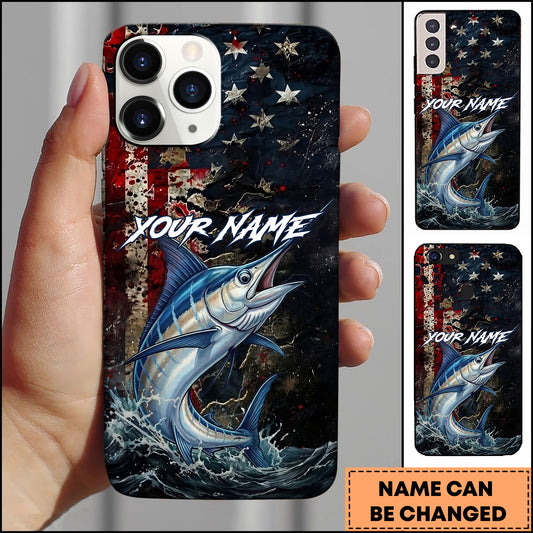 Joycorners Marlin Fishing Phone Case  Vintage USA Flag Grunge Wave Art Personalized Name Phone Case