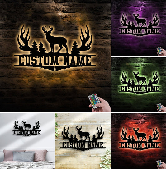 Maxcorners Personalized Deer Antler Metal Sign WITH LED/WITHOUT LED Light Custom Name Forest Wall Art Hunter Gift Rustic Cabin Decor MT0110