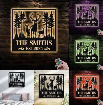 Maxcorners Personalized Deer Family Metal Sign WITH LED/WITHOUT LED, Rustic Cabin Wall Decor, Wildlife Hunting Lodge Name Sign MT0110