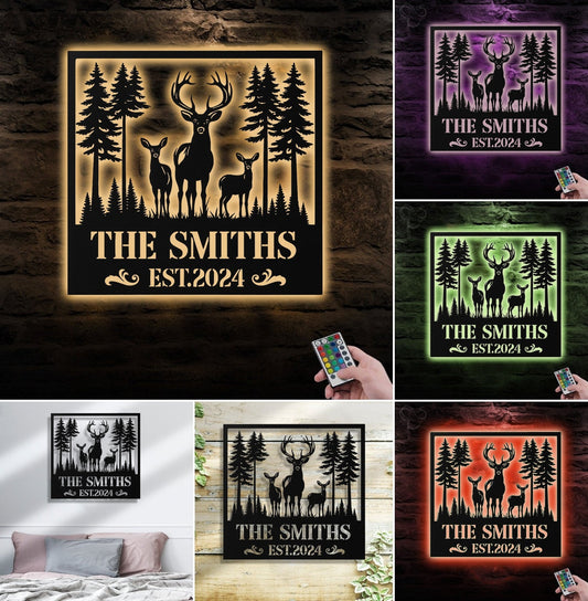 Maxcorners Personalized Deer Family Metal Sign WITH LED/WITHOUT LED, Rustic Cabin Wall Decor, Wildlife Hunting Lodge Name Sign MT0110