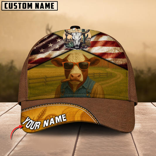 Joycorners Personalized Hereford Cow Cap Smoking US Flag 3D Print Hat