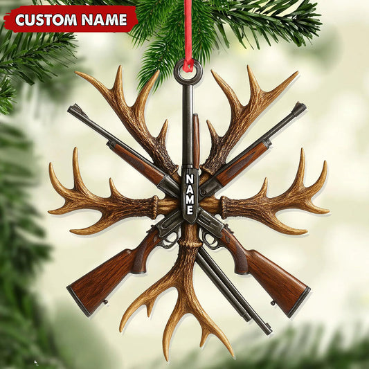 Joycorners Custom Name Hunting Ornament, Antlers and Rifles Christmas Decor for Hunters MT1111