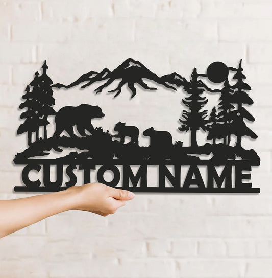Maxcorners Personalized Bear Family Metal Sign WITH LED/WITHOUT LED - Mountain Cabin Name Sign, Rustic Wildlife Wall Art for Lodge & Outdoor Decor MT0110