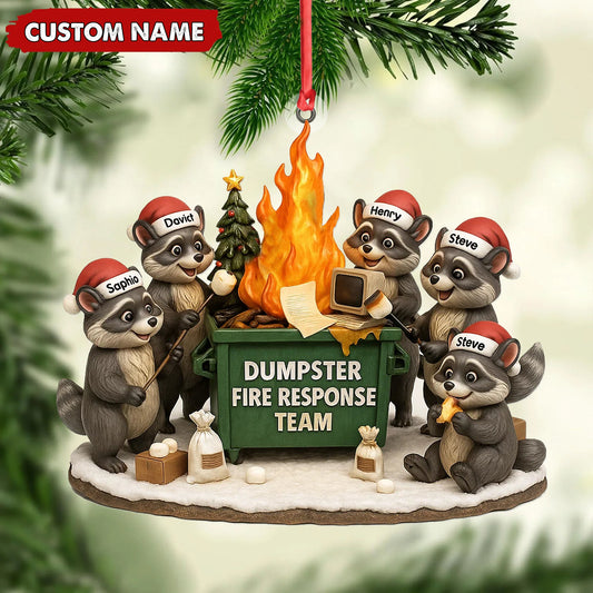 Joycorners Personalized Dumpster Fire Response Team Christmas Ornament, Custom Name Raccoon Office Crew Gift, Funny Workplace Dumpster Fire Holiday Decor MT2411
