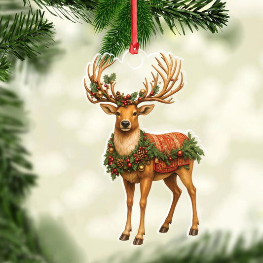 Joycorners Personalized Elegant Christmas Reindeer Acrylic Ornament – Festive Deer with Wreath and Ornaments, Holiday Wall Art for Cozy Home Decor, Luxury Christmas Gift Idea MT1111