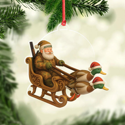 Joycorners Personalized Funny Santa Hunter Acrylic Ornament– Duck Hunting Christmas Wall Art, Santa Claus with Ducks Sleigh, Custom Hunter Gift for Men MT1111