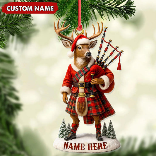 Joycorners Personalized Scottish Deer Ornament, Custom Name Highland Bagpiper Christmas Decoration MT1111