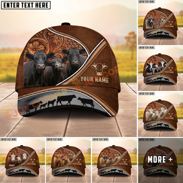 Joycorners Cow Farm Floral Carved Leather Cattle Family Personalized Name Cap (8 Breeds)