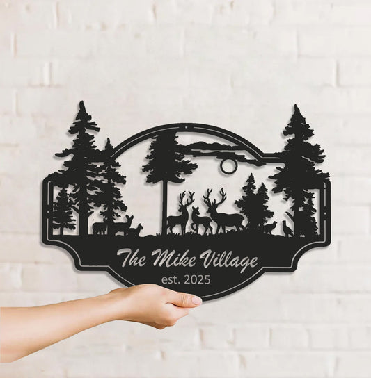 Maxcorners Personalized Deer Metal Sign WITH LED/WITHOUT LED - Rustic Wildlife Scene Cabin Name Sign, Family Lodge Outdoor Wall Art MT0110