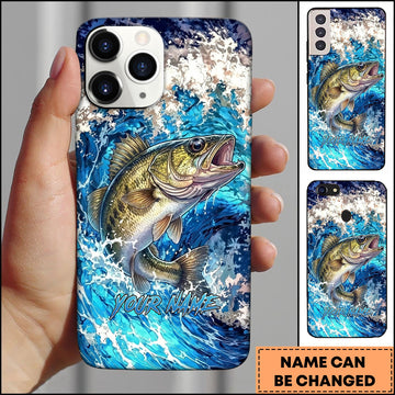 Joycorners Walleye Jumping Out Of Ocean Wave Blue Splash Art Personalized Name Phone Case