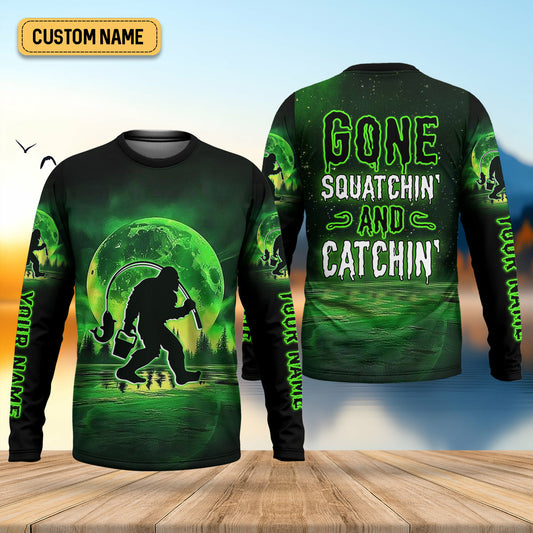 Joycorners Gone Squatchin And Catchin Bigfoot Neon Green Color Funny Fishing Shirt, SPF Shirt For Men, Presents For Fishermen