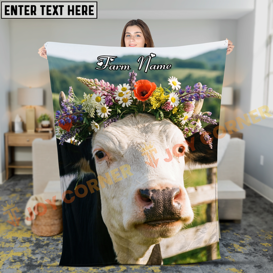 Joycorners Holstein Cow With Wildflower Crown In Countryside Personalized Name Blanket