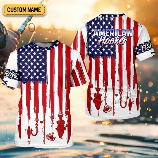 Joycorners American Hooker Hooded UPF Shirt, American Flag Fish Shirt, Long Sleeve Fishing Shirts, Mens Casual Shirts