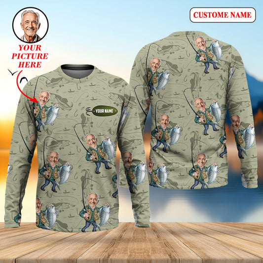 Joycorners Funny Caricature Face Fishing Shirt, Funny Fishing Shirt, SPF Shirt, Fisherman Outfit, Mens Casual Shirts