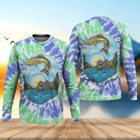 Joycorners Bear Fishing Green And Purple Cool Tie Dye Patterns Fishing UPF Shirts, Fishing Gifts For Men, Men's Fishing Shirt