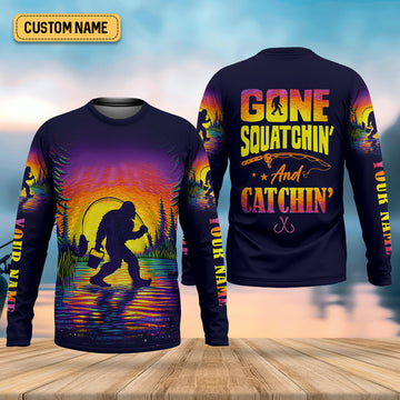 Joycorners Gone Squatchin And Catching Sunset Fishing UPF Shirts, Funny Fishing Shirt, Sasquatch Fishing Shirts For Men